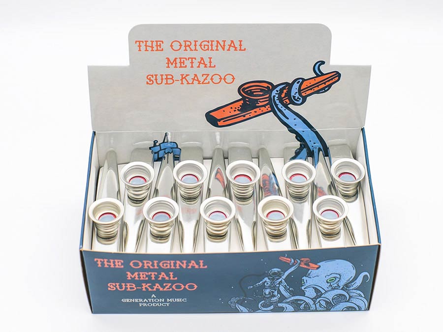 Kazoo display box, with 30 metal kazoos, silver colour Alegree