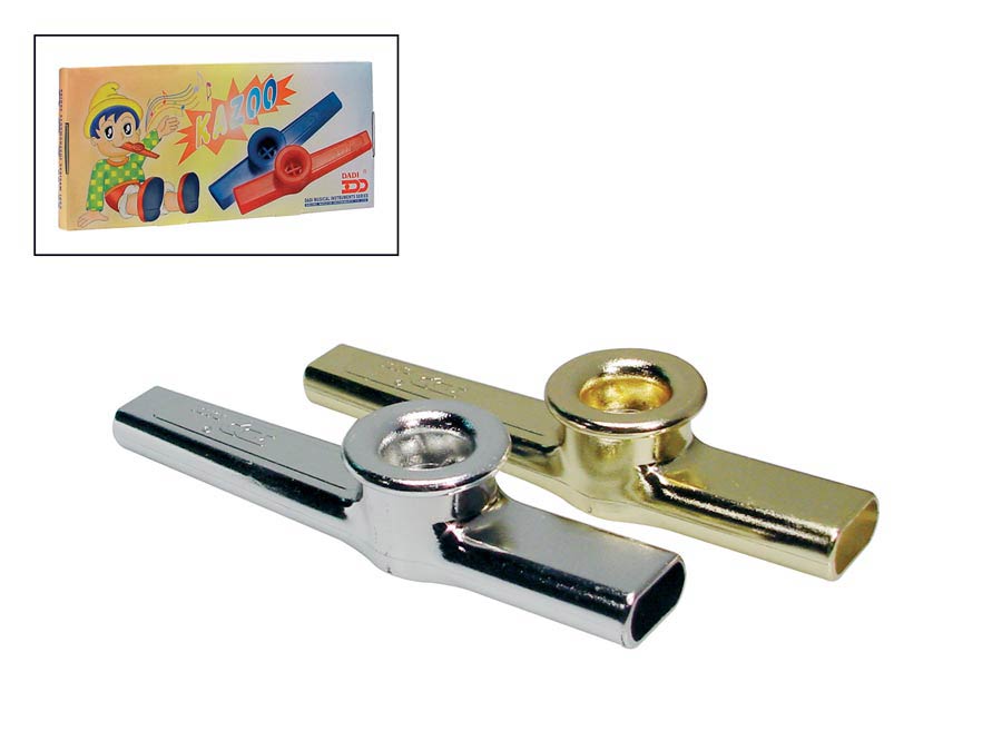 kazoo display box, with 12 kazoos (6 silver and 6 gold)