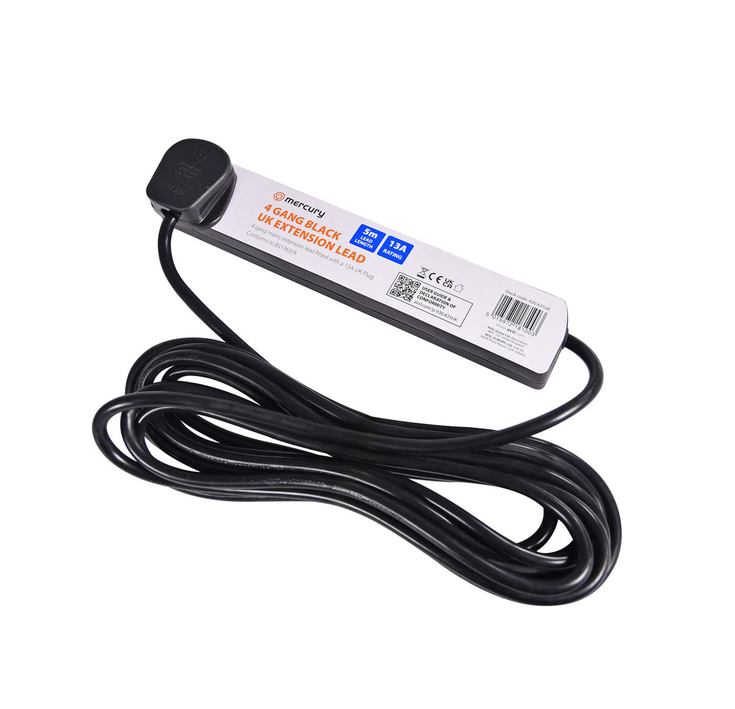 Mercury UK 4-Gang Extension Lead Black 5.0m