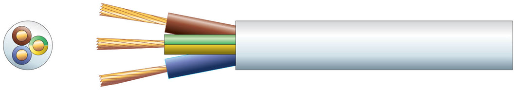 Mercury 3 core round mains PVC, 3 x 24/0.2mm, 6A, 6.1mm, White, 100m