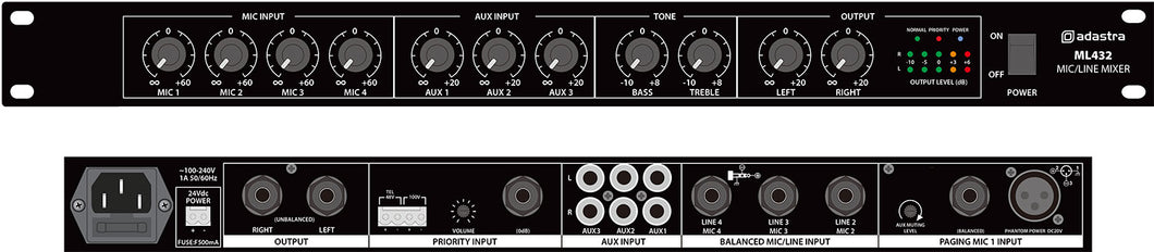 Adastra ML432 4mic+3aux rack mixer 1U