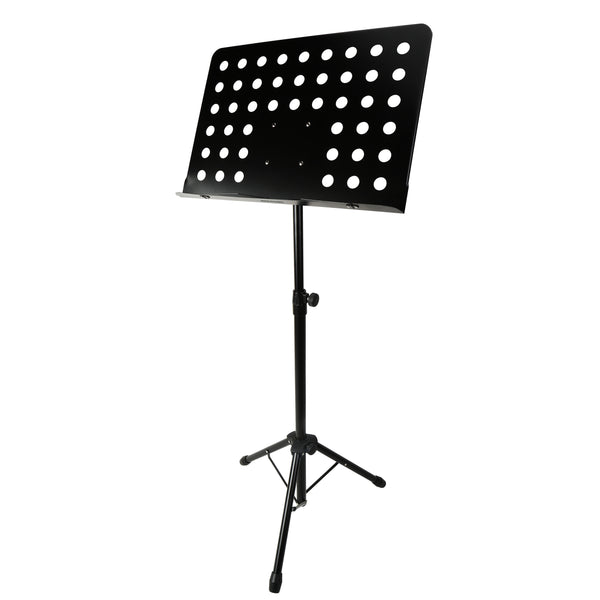 Black music stand with perforated design on a white background