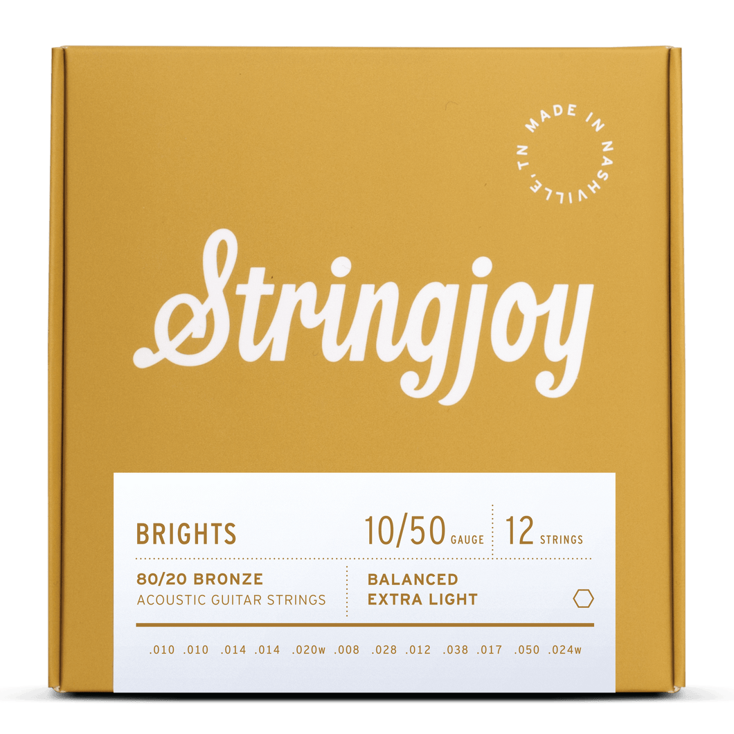 Stringjoy Brights | 12 String Extra Light Gauge (10-50) 80/20 Bronze Acoustic Guitar Strings