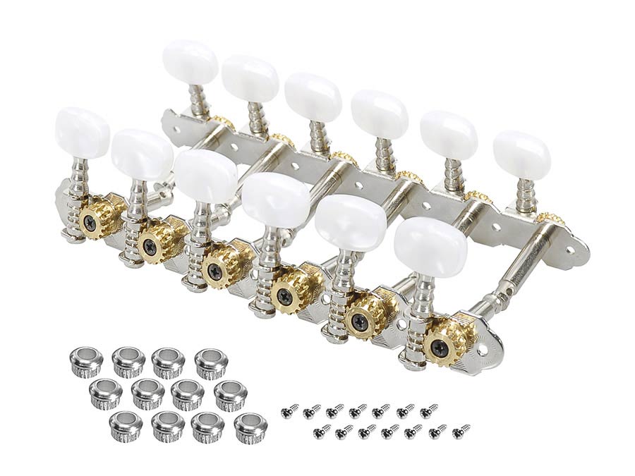 Machine heads for 12-string guitar, metal shaft, 116,6mm, plastic buttons