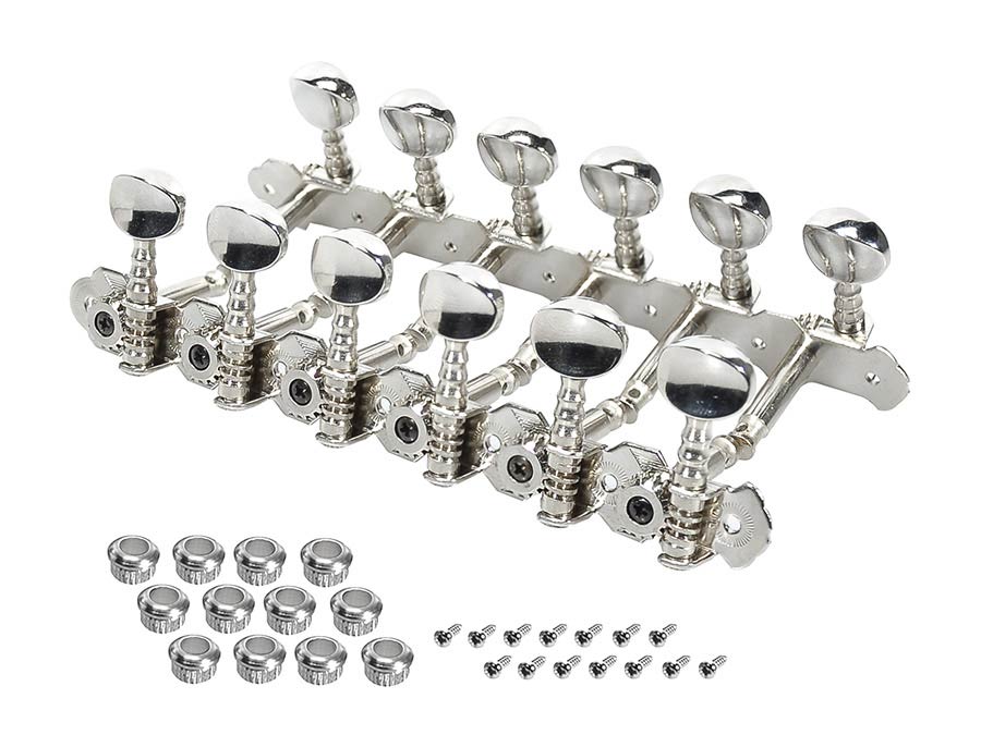Machine heads for 12-string guitar, metal shaft, 116,6mm, metal buttons