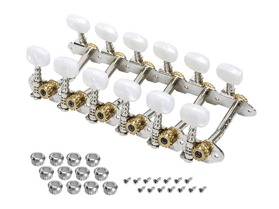 Machine heads for 12-string guitar, double drilled metal shaft, 125,0mm, plastic buttons