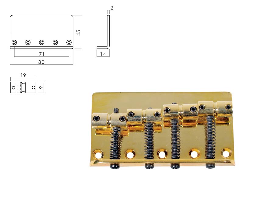 Bridge-tailpiece, Jocker/ Puncher bass, pitch 19mm, gold