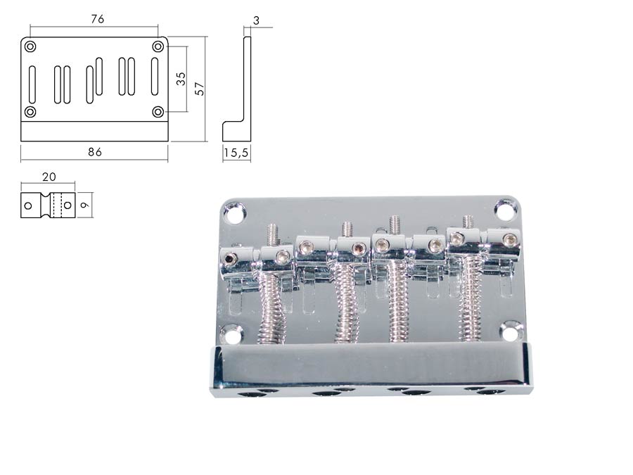 Bridge-tailpiece, Jocker/ Puncher bass, pitch 20mm, chrome