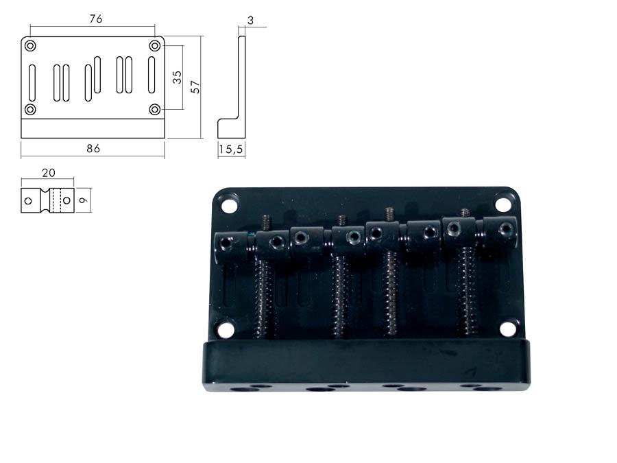 Bridge-tailpiece, Jocker/ Puncher bass, pitch 20mm, black
