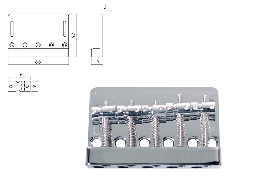 Bridge-tailpiece, Jocker/ Puncher bass, 5-string, pitch 16mm, chrome