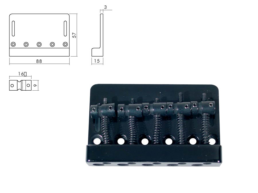 Bridge-tailpiece, Jocker/ Puncher bass, 5-string, pitch 16mm, black