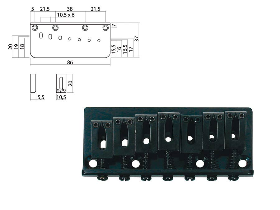 Bridge-tailpiece, Stallion, pitch 10,5mm, 7-string, black