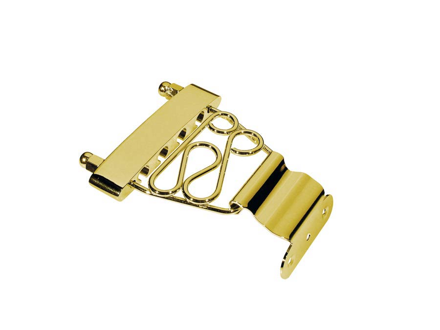 Tailpiece for semi acoustic bass guitar, with 2 curls, gold