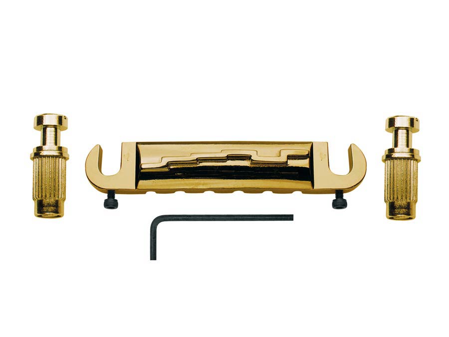 Bridge-tailpiece, G-model, with studs, fixed staggered saddles, gold