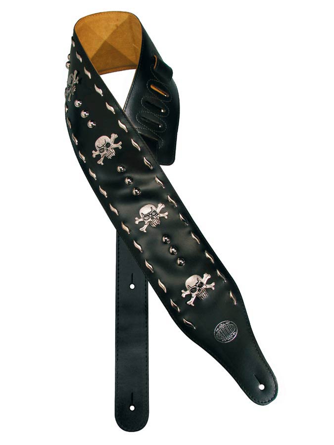 Biker Series Guitar strap, 4 inch wide, black, with skulls