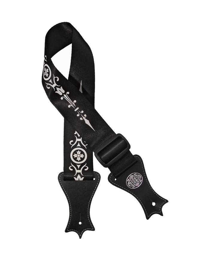 Icon Series Guitar strap, deluxe black nylon with leather slips, ornament print
