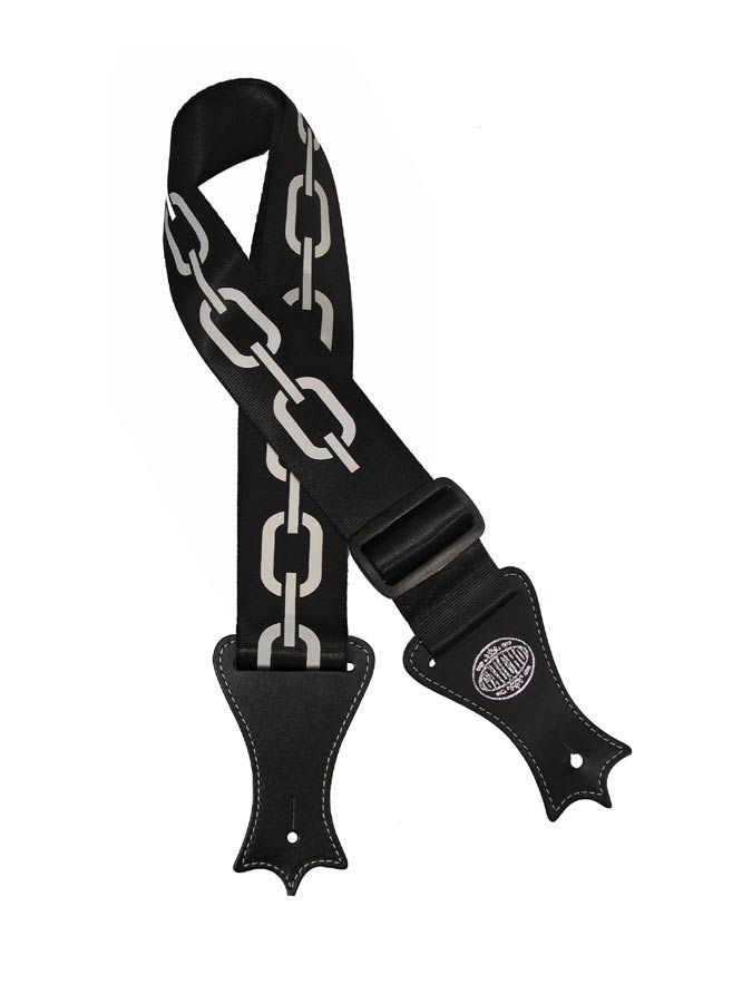 Icon Series Guitar strap, deluxe black nylon with leather slips, chains print