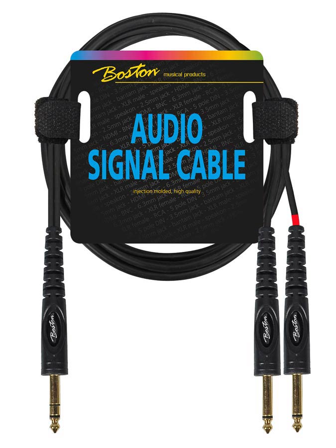 Audio signal cable, 2x 6.3mm jack mono to 6.3mm jack stereo, 1.50 meter