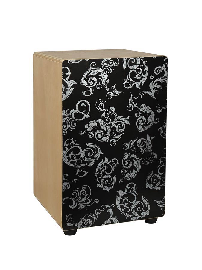 Cajon, 30x30x48cm, adjustable snare, black with white fractals