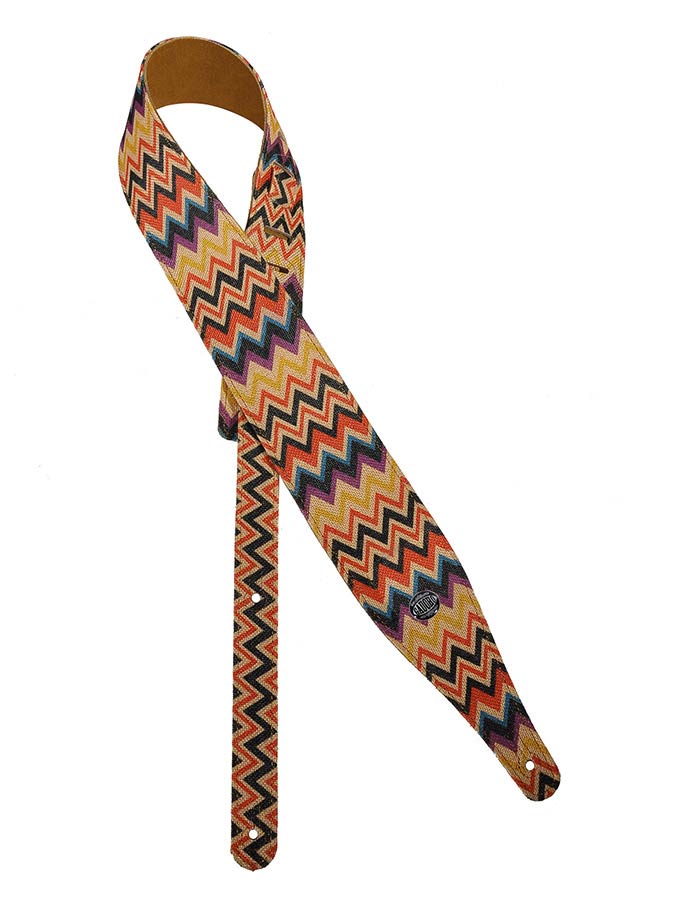 Peace Series Guitar strap, linen colourfull design with suede back, disco zigzag