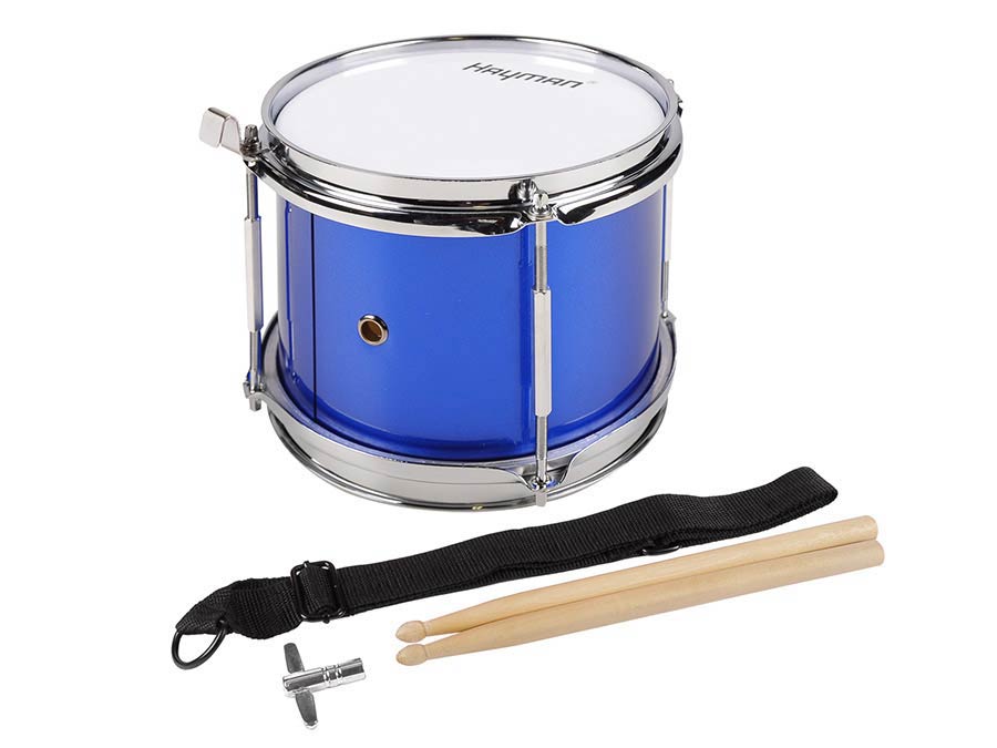 Junior snare drum, blue with chrome hardware, with sticks, belt and hook, 8 inch