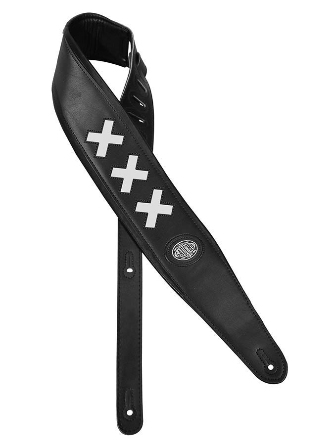 Padded Deluxe Series Guitar strap, black padded back, black leather with white crosses