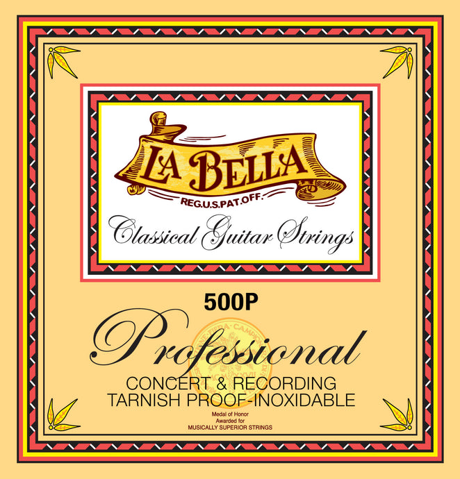 Packaging for La Bella 500P Professional Concert Bass Guitar Strings featuring the brand logo and the text 'CONCERT & RECORDING BASS GUITAR STRINGS'.