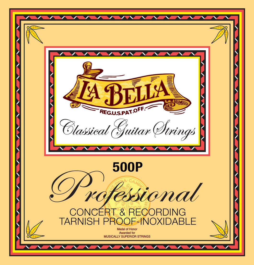 Packaging for La Bella 500P Professional Concert Bass Guitar Strings featuring the brand logo and the text 'CONCERT & RECORDING BASS GUITAR STRINGS'.