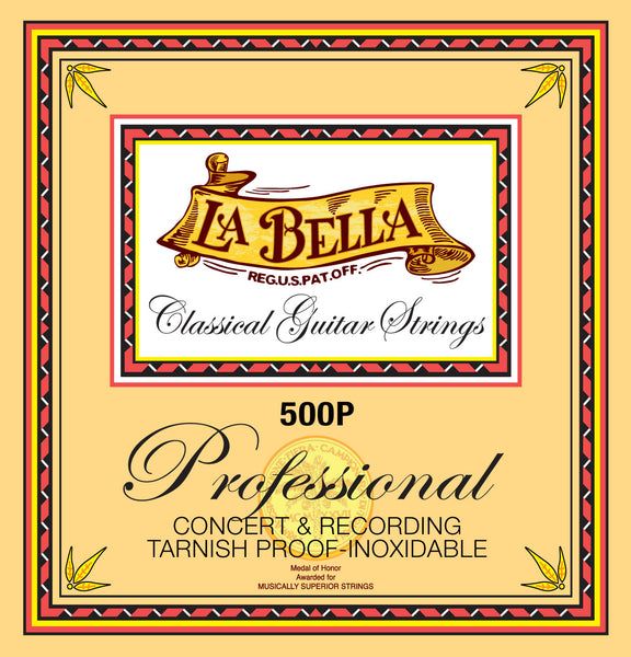 Packaging for La Bella 500P Professional Concert Bass Guitar Strings featuring the brand logo and the text 'CONCERT & RECORDING BASS GUITAR STRINGS'.