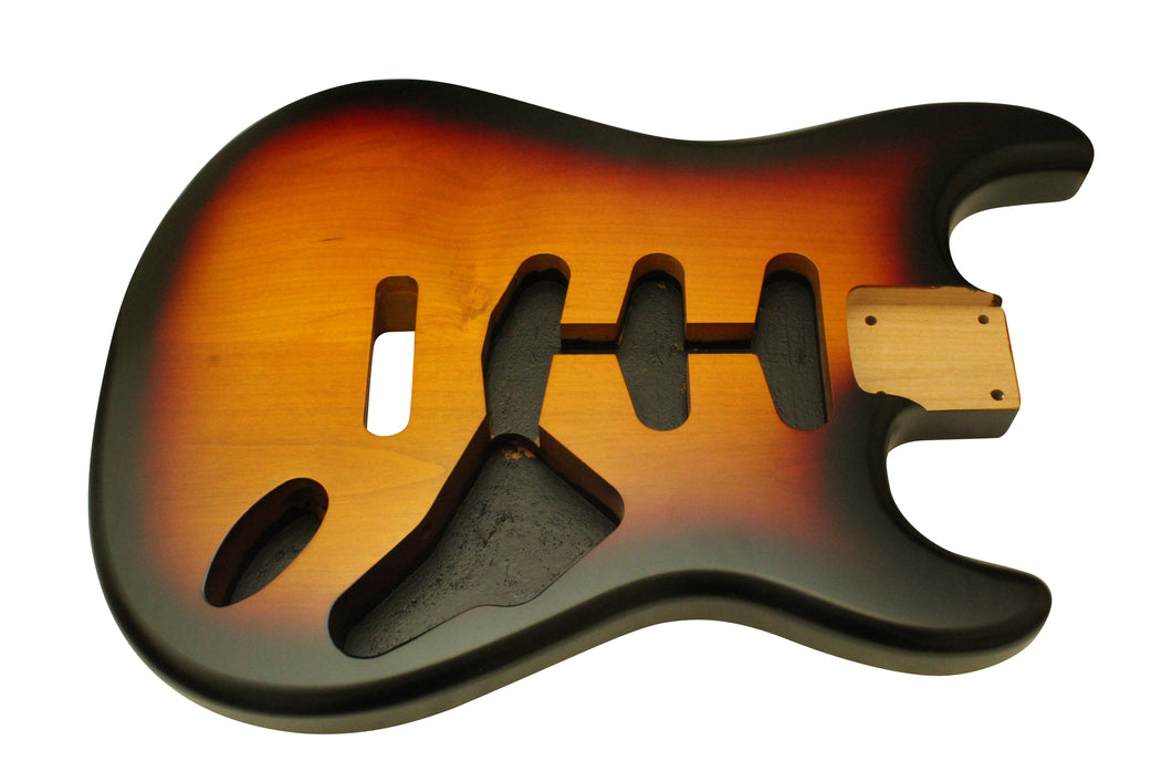 Two piece nitrocellulose satin three tone sunburst Strat body