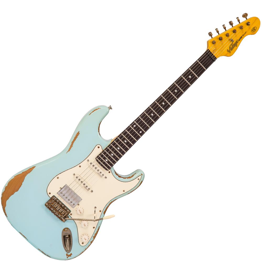 Vintage V6H ICON HSS Electric Guitar ~ Ultra-Gloss Distressed Laguna Blue (b stock)
